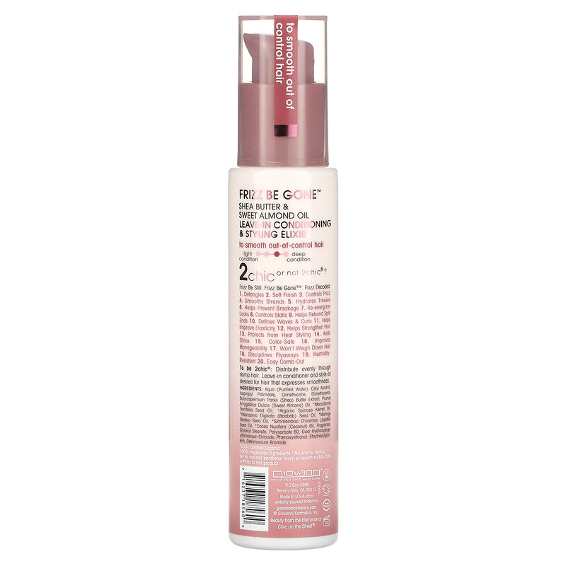 Giovanni, 2chic, Frizz Be Gone, несмываемый эликсир для разглаживания непослушных волос, для ухода и укладки, масло ши и масло сладкого миндаля, 118 мл (4 жидк. унции) — фото 2