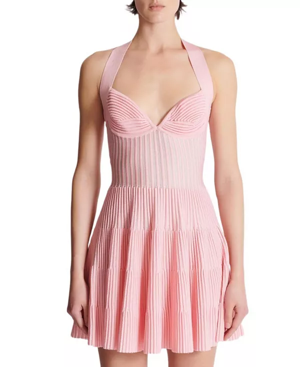 

Платье А-силуэта из фактурного трикотажа с воротником-халтером Balmain, розовый