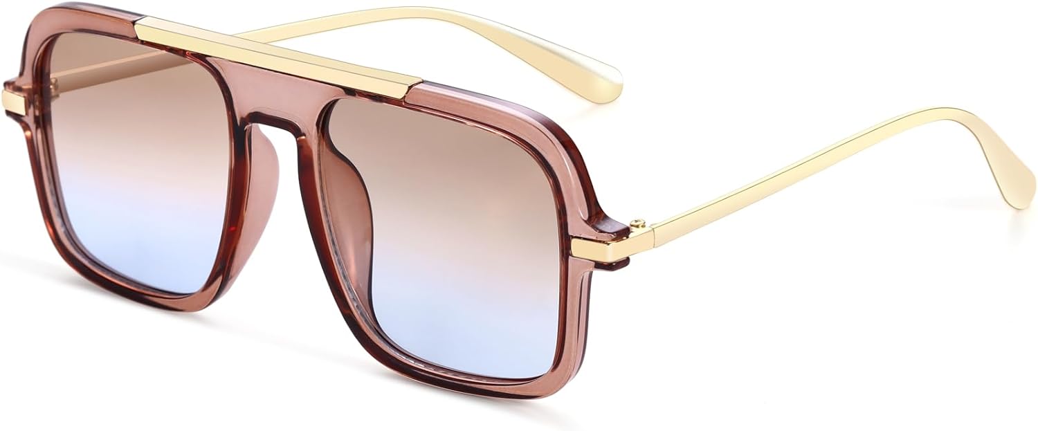 

Длинные ретро-солнцезащитные очки-авиаторы квадратной формы для женщин, модные, в стиле 70-х, с большой оправой и защитой от УФ-излучения UV400, модель A2256 A LONG, Clear Brown Frame/Gradient Brown Lens