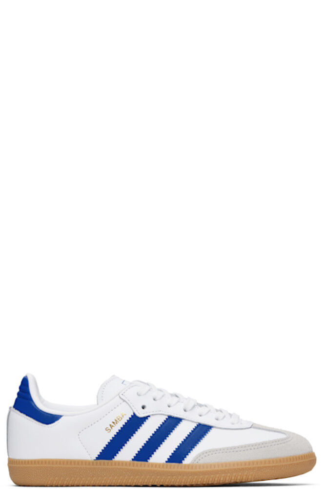 

Большие детские белые и синие кроссовки Samba OG Adidas Kids