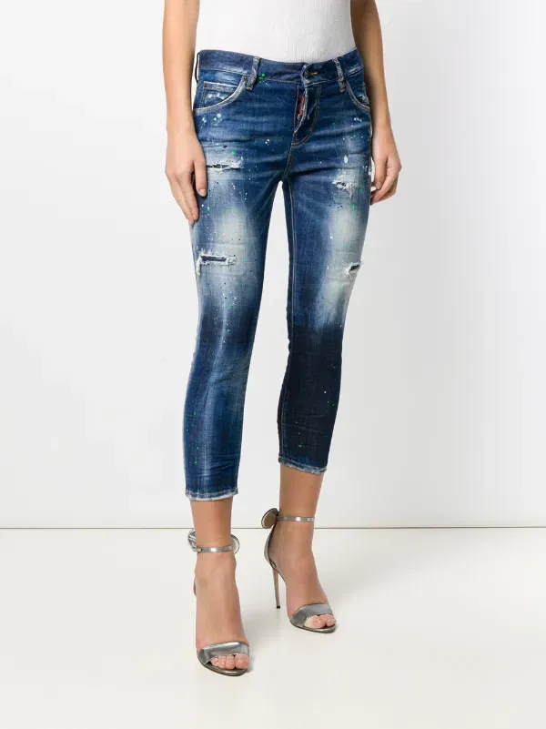 Рваные узкие укороченные джинсы Dsquared2, синий — фото 3