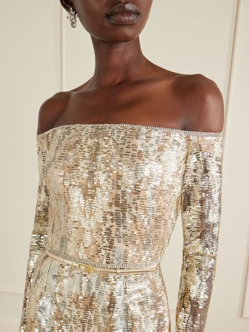 Атласное платье с открытыми плечами, украшенное пайетками Elie Saab, золотой — фото 4