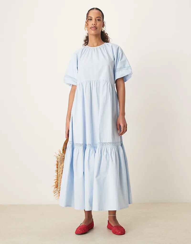 

Платье макси ASOS DESIGN с круглым вырезом, рукавами-фонариками и кружевными деталями синего цвета
