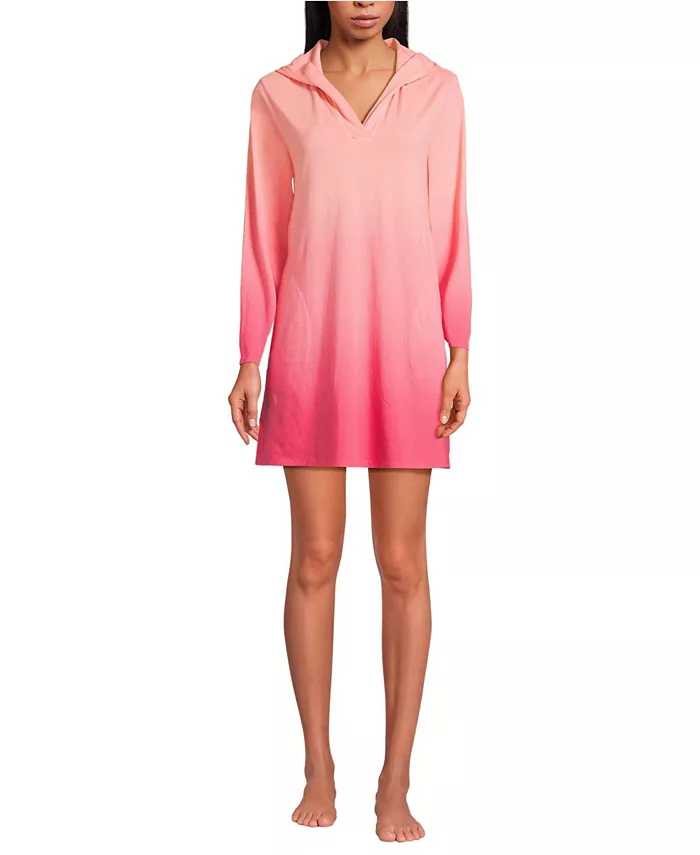 

Женское платье-халат с капюшоном и длинным рукавом Petite Cotton Jersey для плавания Lands' End, розовый