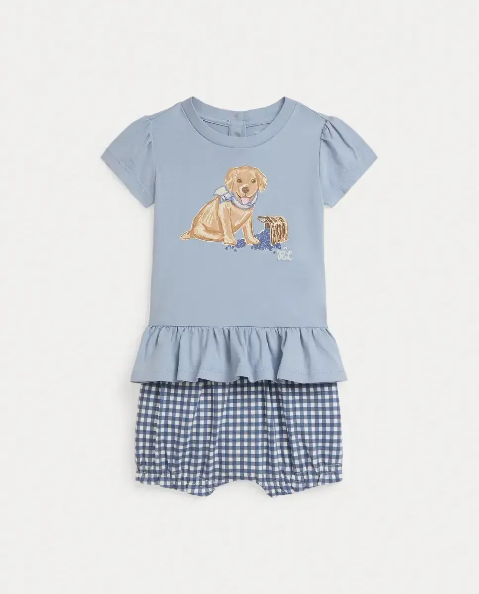 Детский комплект для девочки с ползунками и хлопковой футболкой Polo Ralph Lauren, светло-голубой