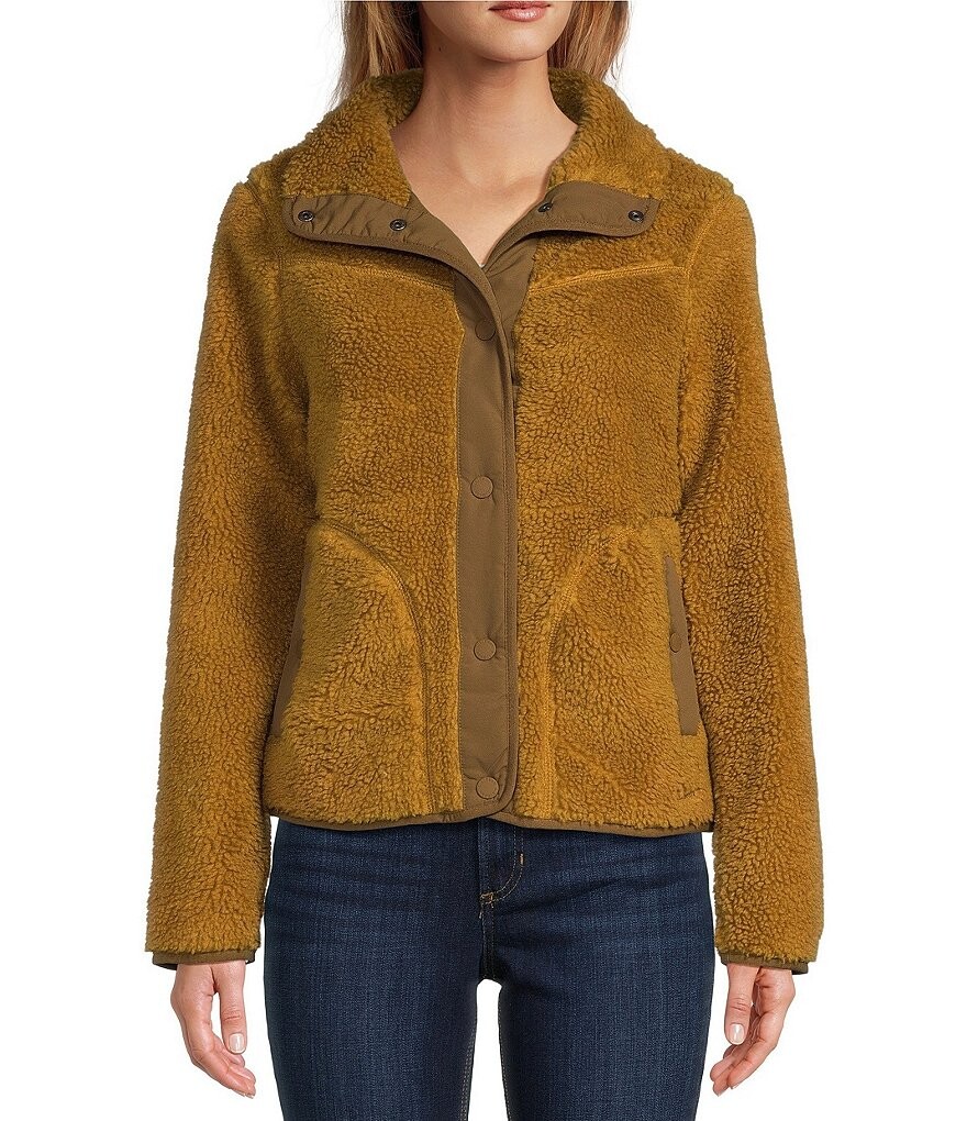 

Уютная куртка из флиса L.L.Bean из шерпа с воротником-стойкой, длинными рукавами и застежкой спереди, золотой