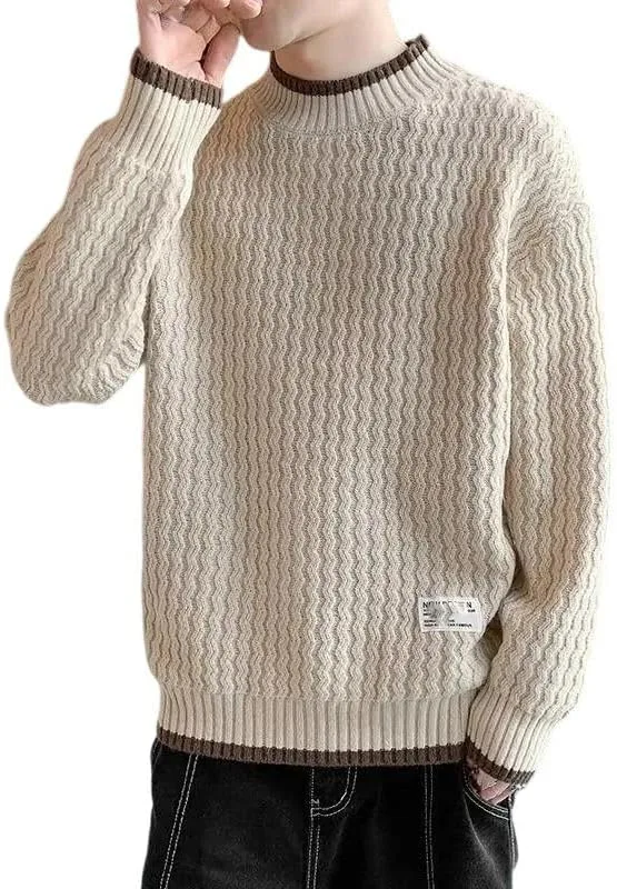 

Мужской вязаный свитер с контрастным о-образным вырезом и пэчворком