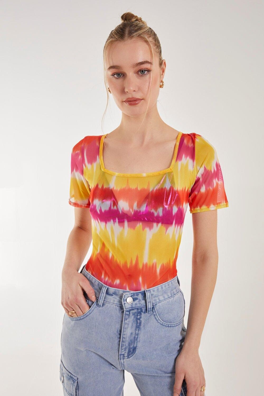 

Сетчатое боди с квадратным вырезом Tie Dye Pink Vanilla, мультиколор