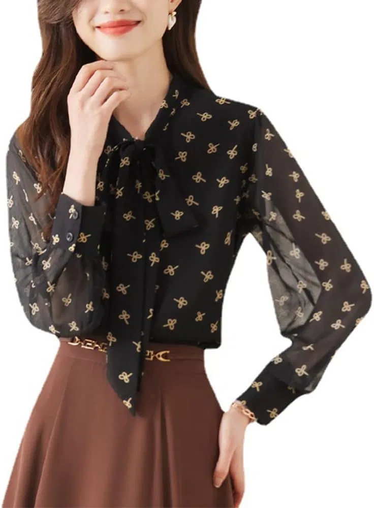 Блуза с бантом, цветочным принтом, Pullover Bowtie Blouse, черный