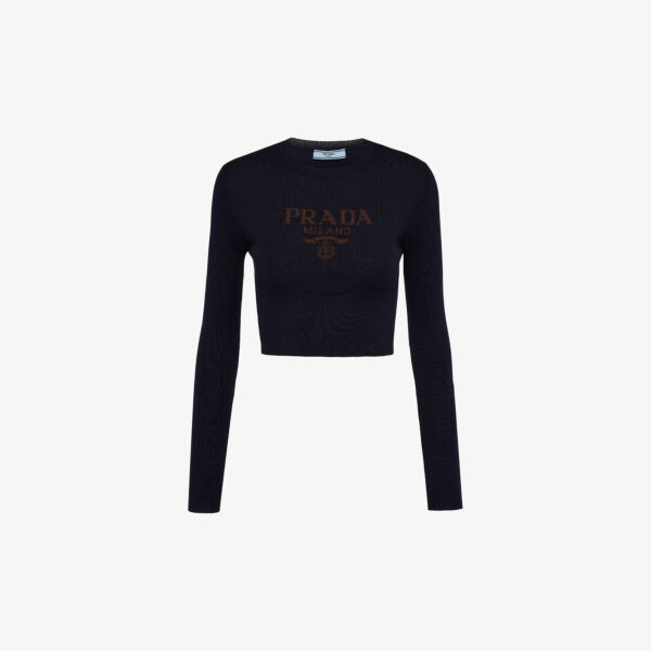 

Укороченный шелковый джемпер с логотипом-интарсией Prada, синий