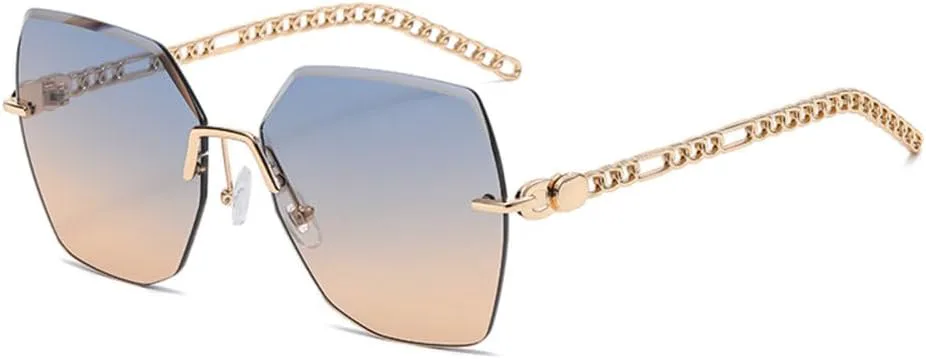 

Женские солнцезащитные очки без оправы 2027 года, оправа с цепочкой, модные винтажные очки большого размера, защита от ультрафиолета UV400 MTZJH, Blue Brown