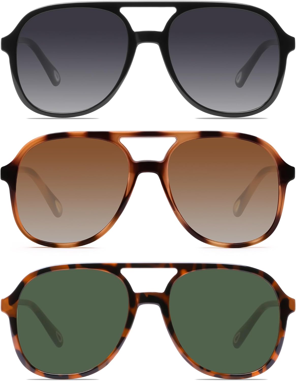 

Солнцезащитные очки-авиаторы YDAOWKN в стиле ретро, ​​квадратные, для женщин и мужчин, винтажные, 70-е годы, с двойной перемычкой, 3 Black/Grey+brown Tortoise/Brown+brown Tortoise/Green