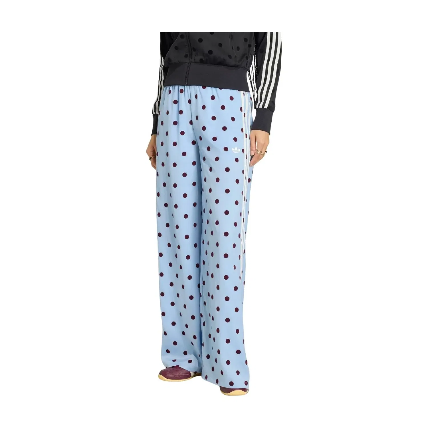 Брюки Adidas из атласа в горошек с широкими штанинами, синий — фото 2