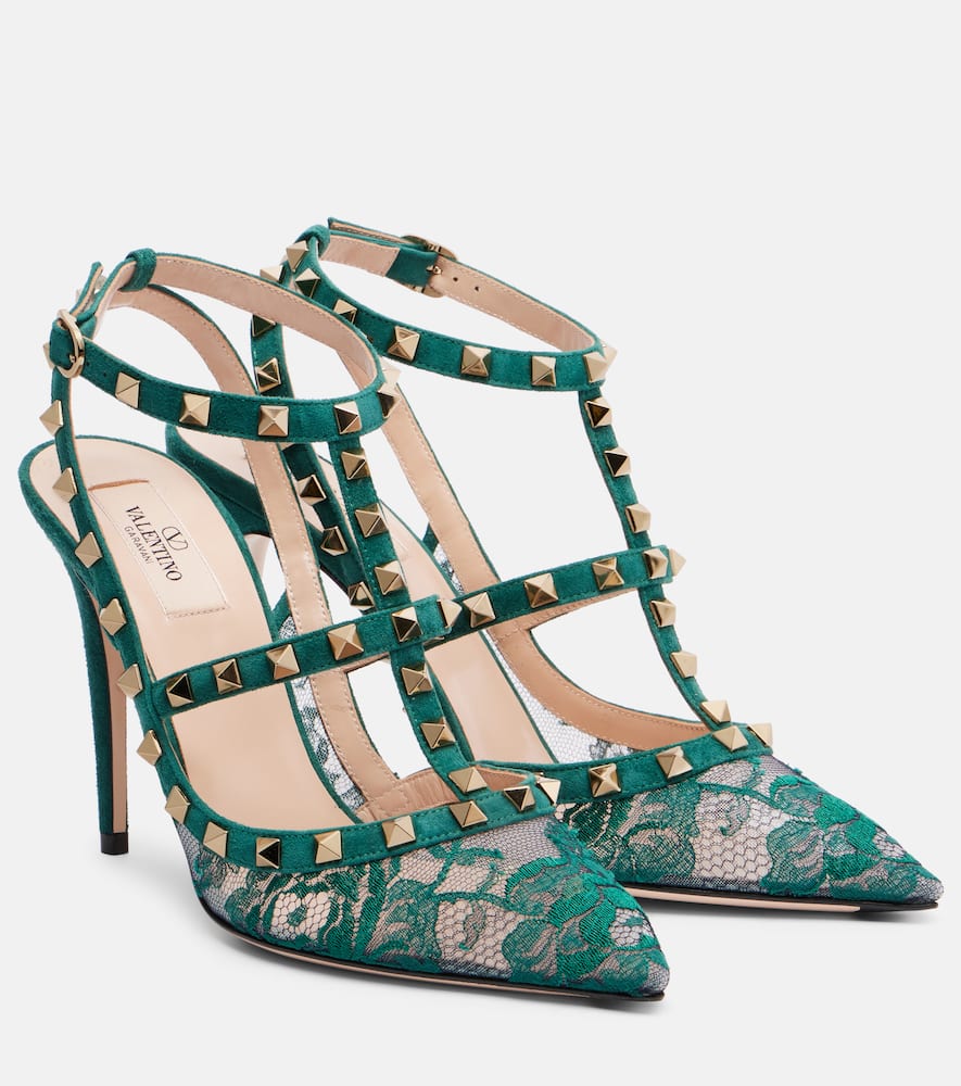 Туфли-лодочки Rockstud 100 из замши со шнуровкой Valentino Garavani, Marine-emerald/Antique Green