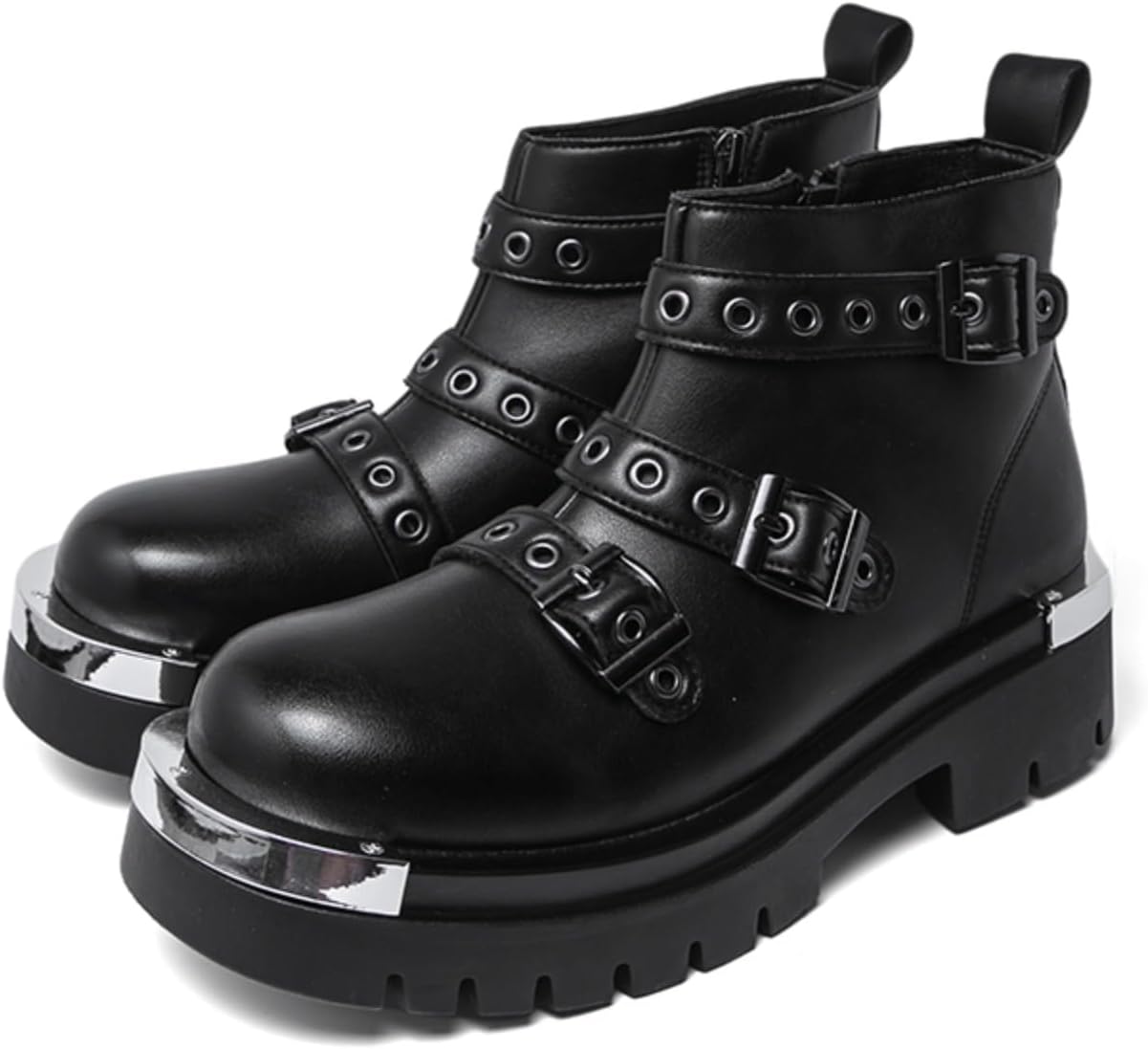 

Мужские черные ботинки до щиколотки с боковой молнией, множественными ремешками с пряжками, металлическими люверсами, массивной платформой и массивной подошвой, ботинки в стиле панк и готика для больших пальцев Foapts