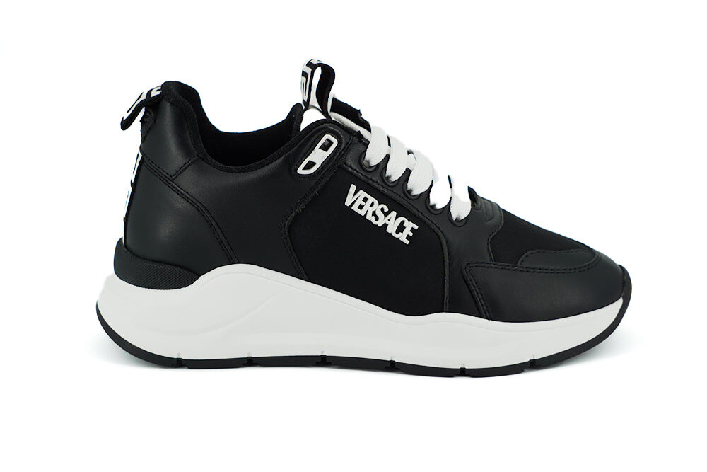 Versace Элегантные однотонные кожаные женские кроссовки, цвет Black And White — фото 2