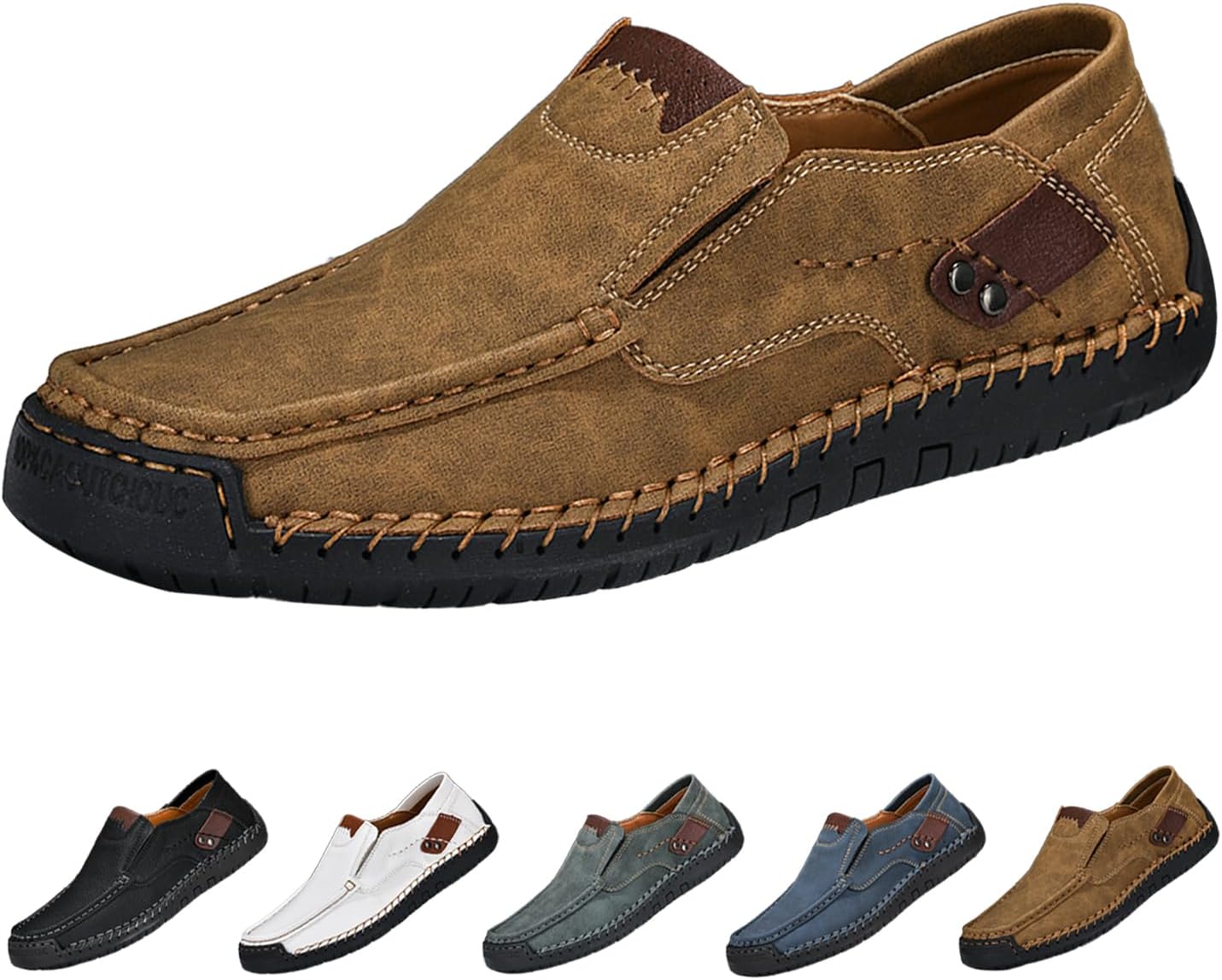 

Мужские кожаные повседневные слипоны-лоферы и ходьбы, винтажные модные удобные туфли с ручной строчкой, противоскользящие Hneowgn, коричневый