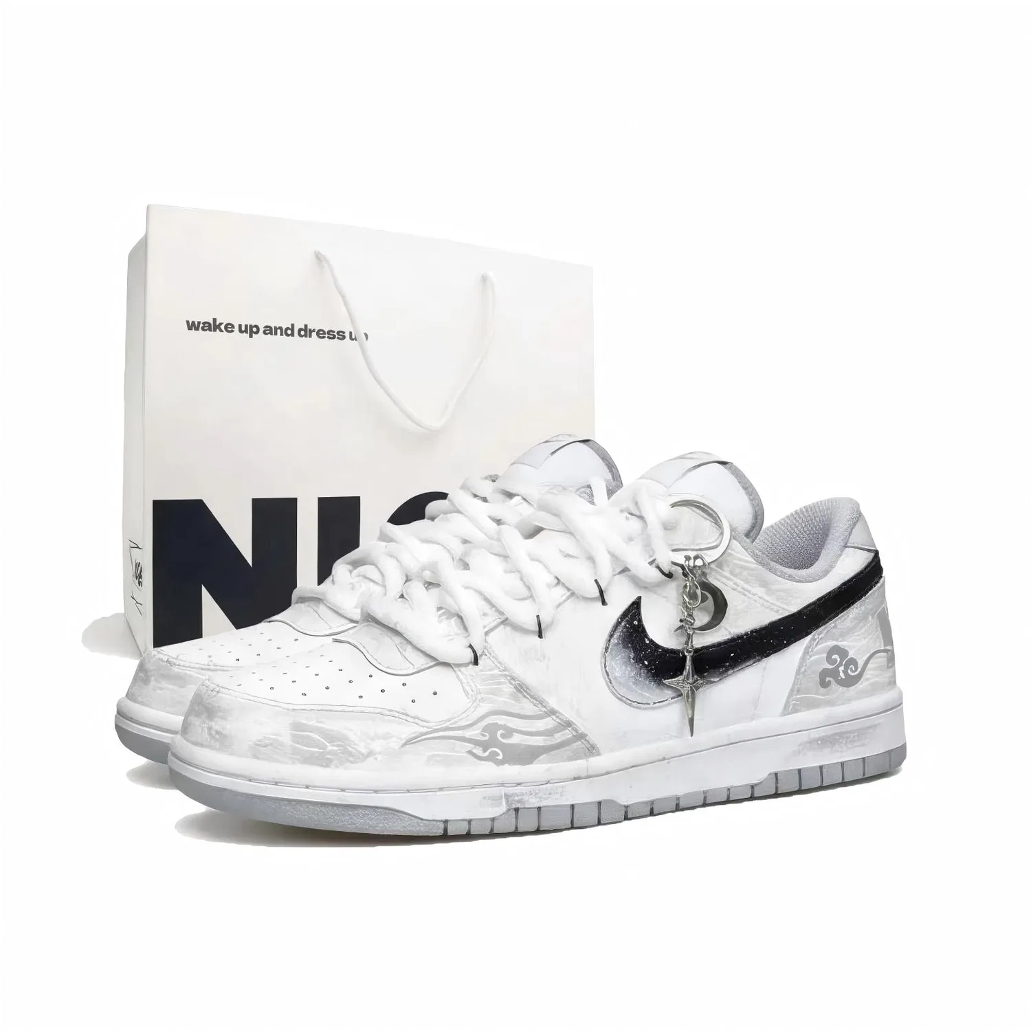 Кроссовки скейтбордические Nike Dunk Bai Ze Step On Cloud с двойной шнуровкой, черно-бело-серые