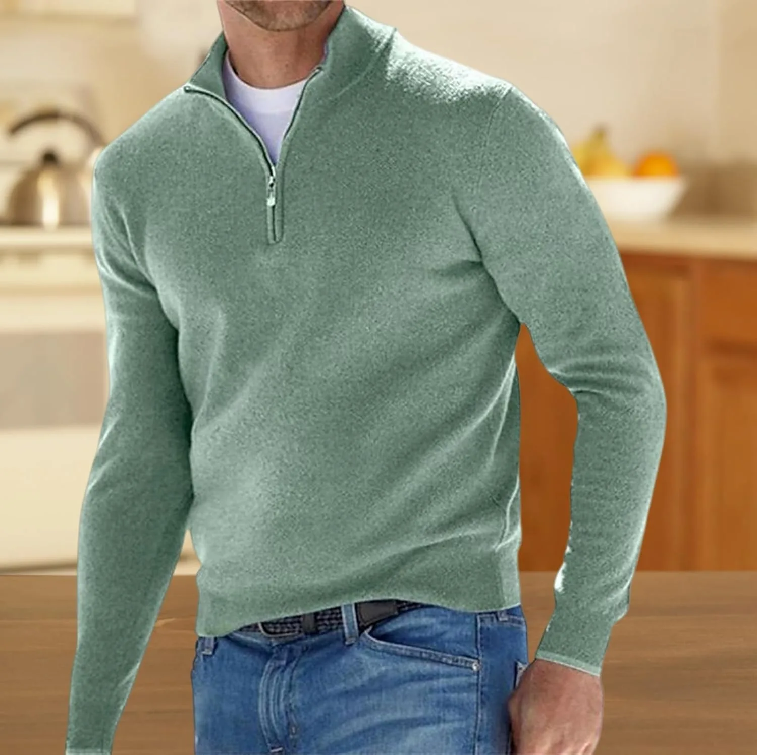 Мужской шерстяной свитер с молнией, 1/4 zip, теплый осенне-зимний пуловер — фото 3