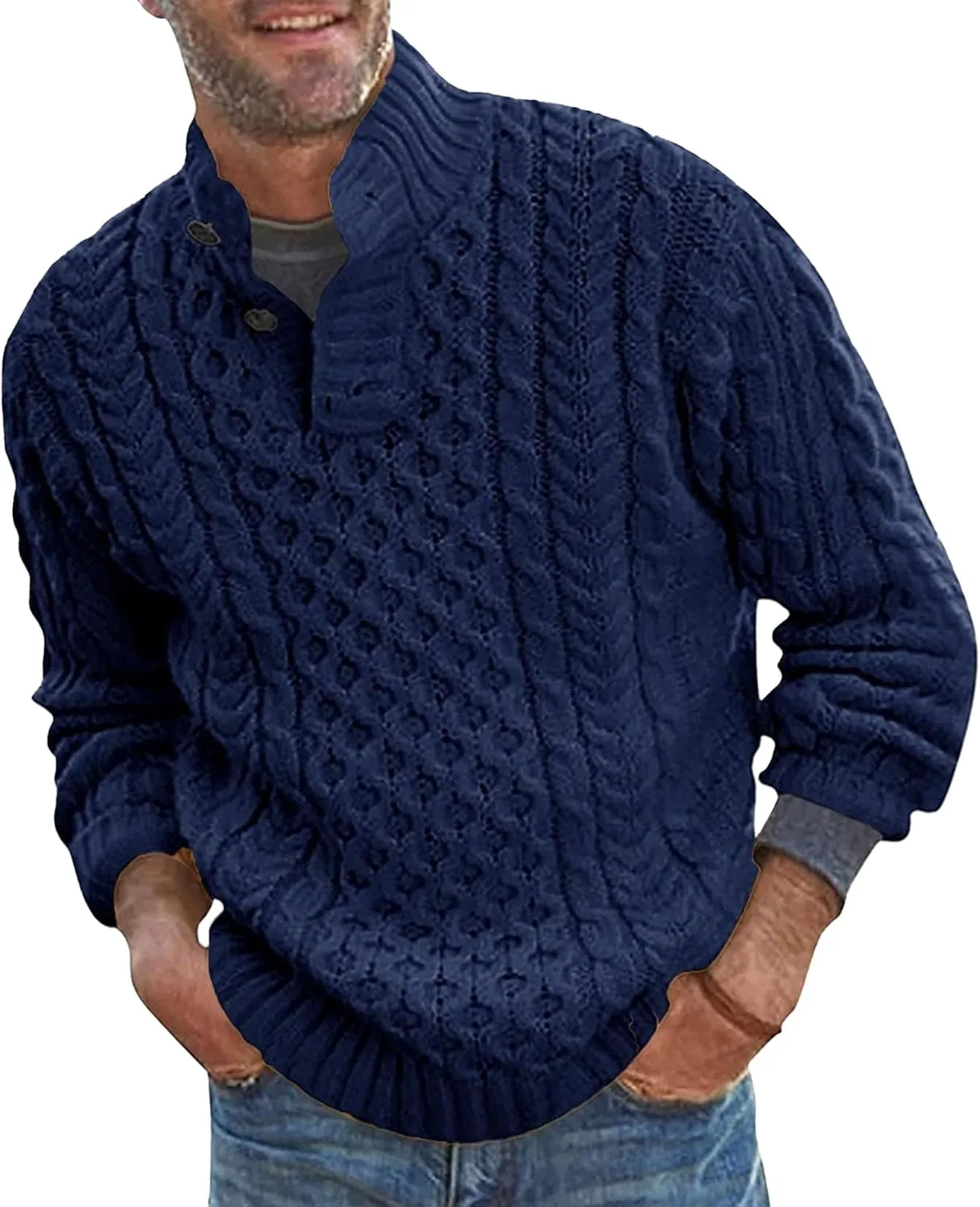 

Мужской свитер с воротником-стойкой, кабельной вязкой и теплый