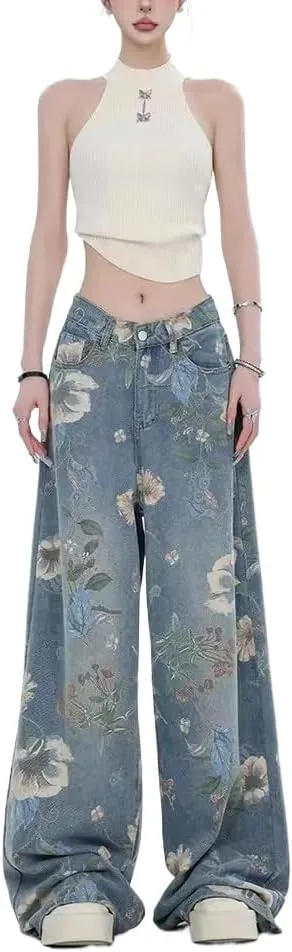 

Унисекс джинсы baggy с цветочным принтом в стиле vintage grhaat