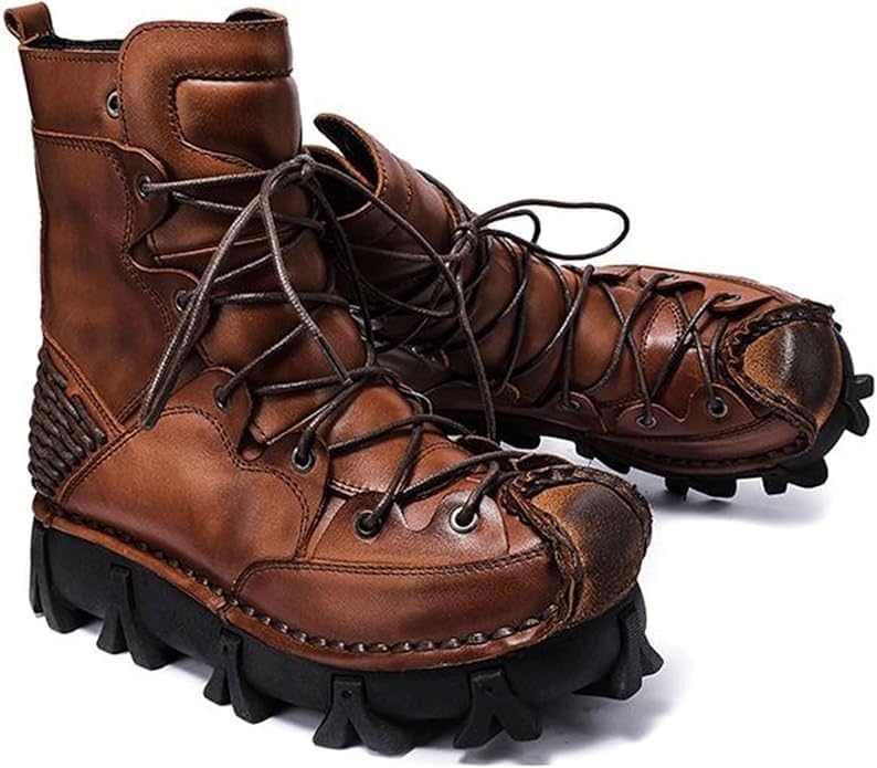 

Кожаные байкерские ботинки TAYGUM в стиле панк для мужчин, ручная работа, толстая подошва, шнуровка, ботинки до середины голени, зимние теплые снежные ботинки, шнуровка ботинки, коричневый