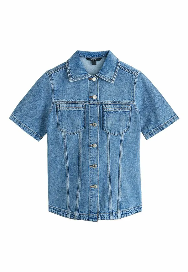 Блузка с короткими рукавами и пуговицами, облегающего кроя. Next, Mid Blue Denim