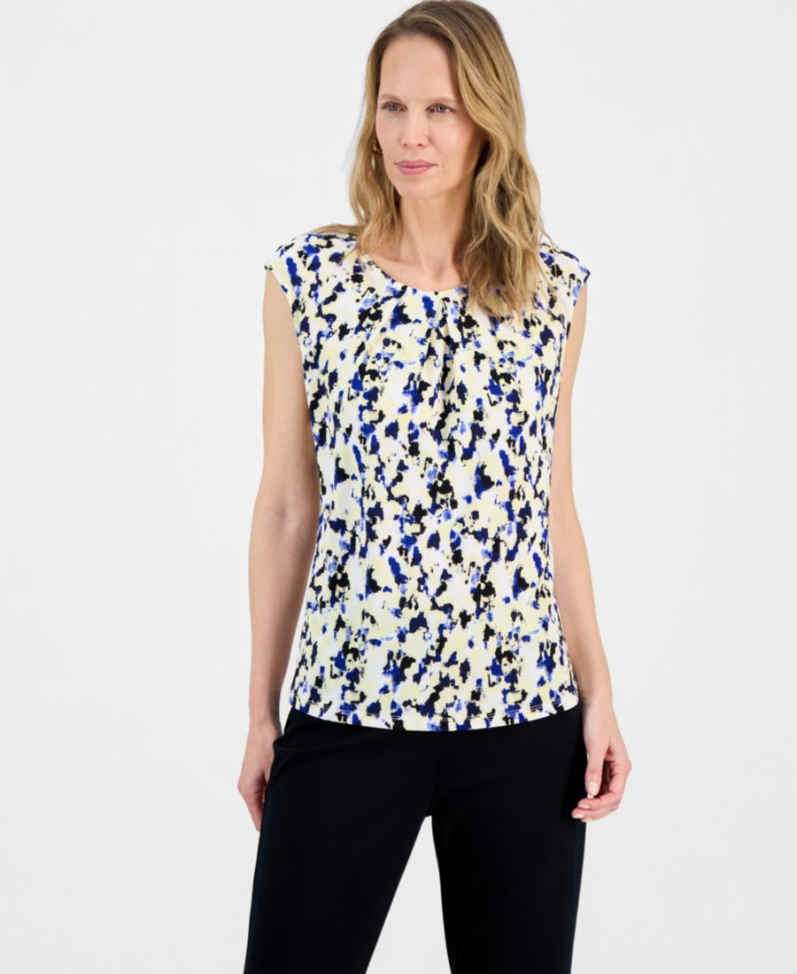 

Женская блузка с принтом, плиссированным воротником и удлиненными рукавами, стандартный и укороченный размеры Kasper, Pale Yellow Multi