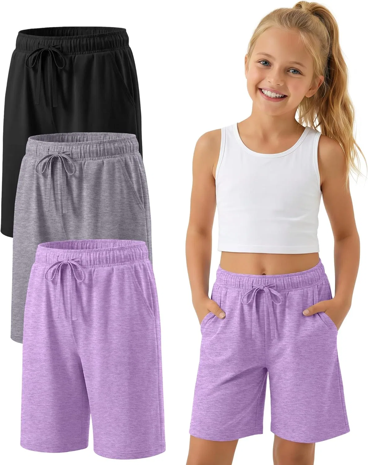 Детские бермуды 3 шт., YooAurvox, Black, Light Mixed Gray, Lavender