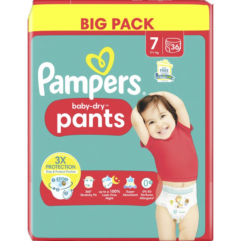 

Детские сухие штанишки размер 7 (17+кг) большая упаковка Pampers, 36 шт.