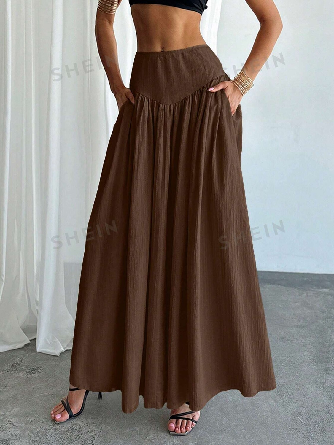 

Privé Юбка трапециевидного силуэта с отверстиями для рук, завышенной талией, женская юбка с рюшами Shein, коричневый