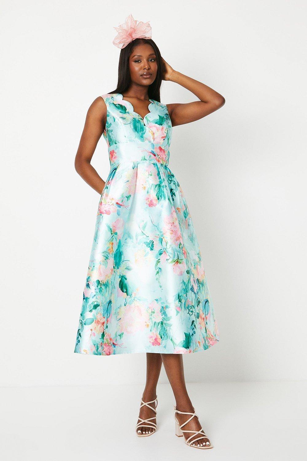 

Платье миди из твила с глубоким вырезом и принтом с фестончатыми краями Coast, зеленый