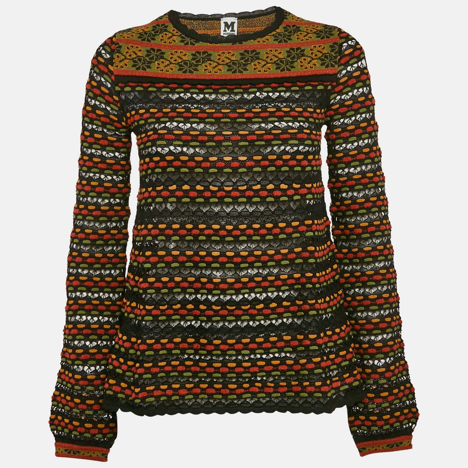 

M Missoni Вязаный топ Missoni с длинными рукавами, черно-оранжевого цвета, ажурной вязки Размер M