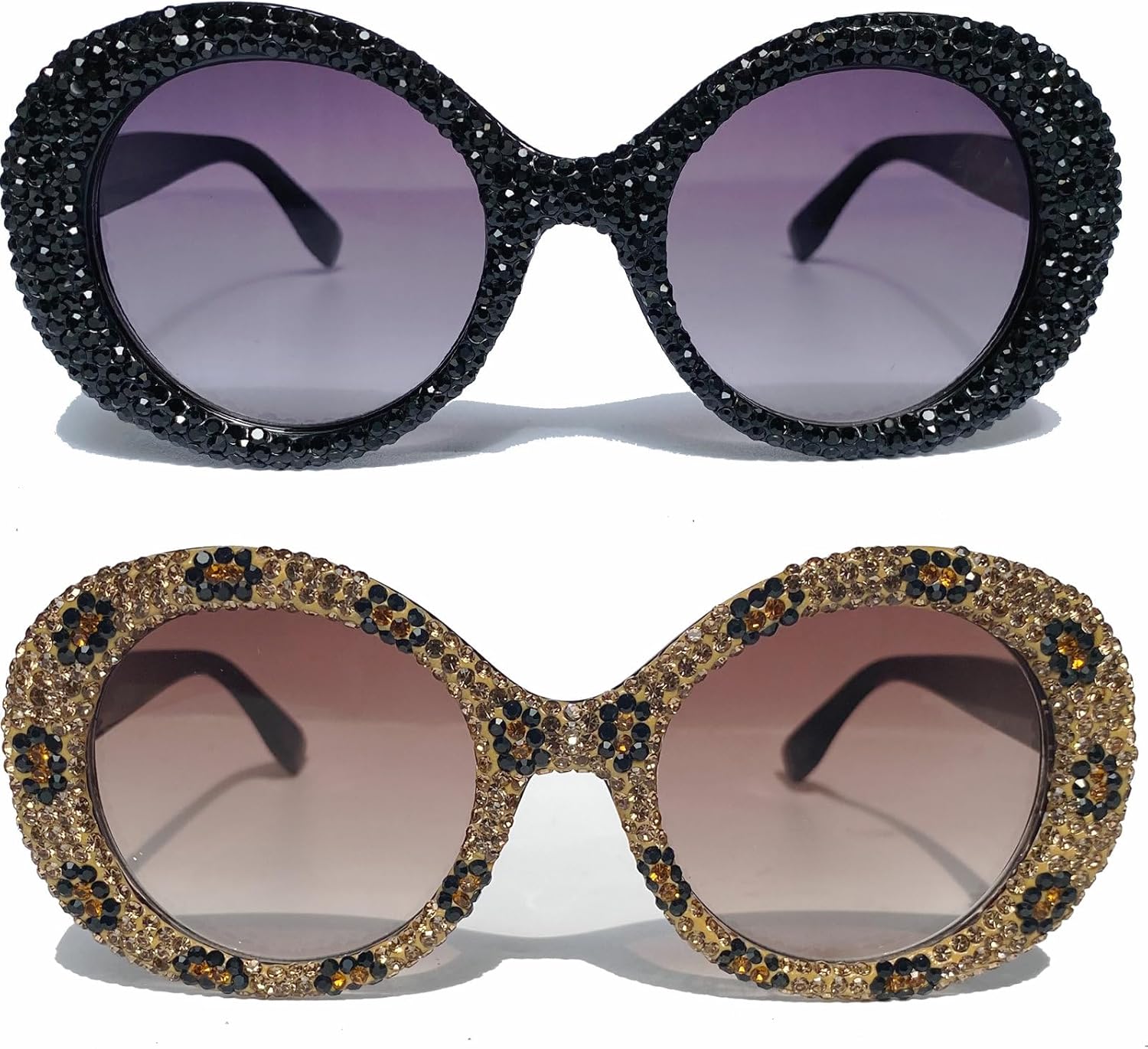 

Круглые солнцезащитные очки со стразами для женщин и девушек, блестящие, бриллиантовые, для вечеринок, большие, модные, сверкающие, в стиле панк mincl, 2pcs-black&leopard