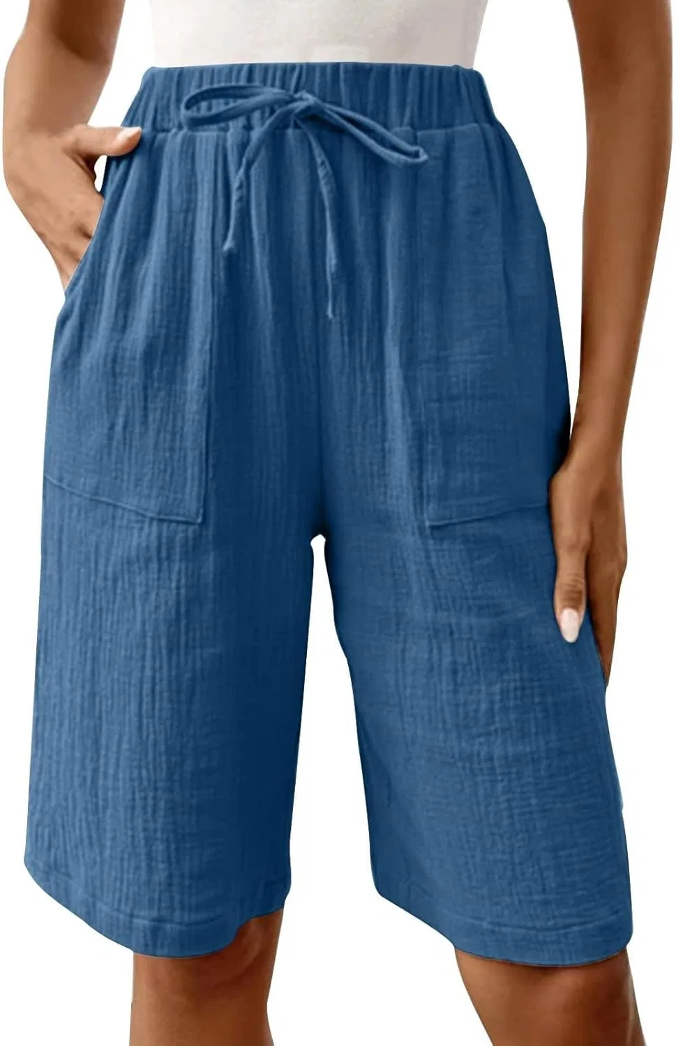Женские бермуды на высокой талии, Cotton Linen, 02-blue — фото 3