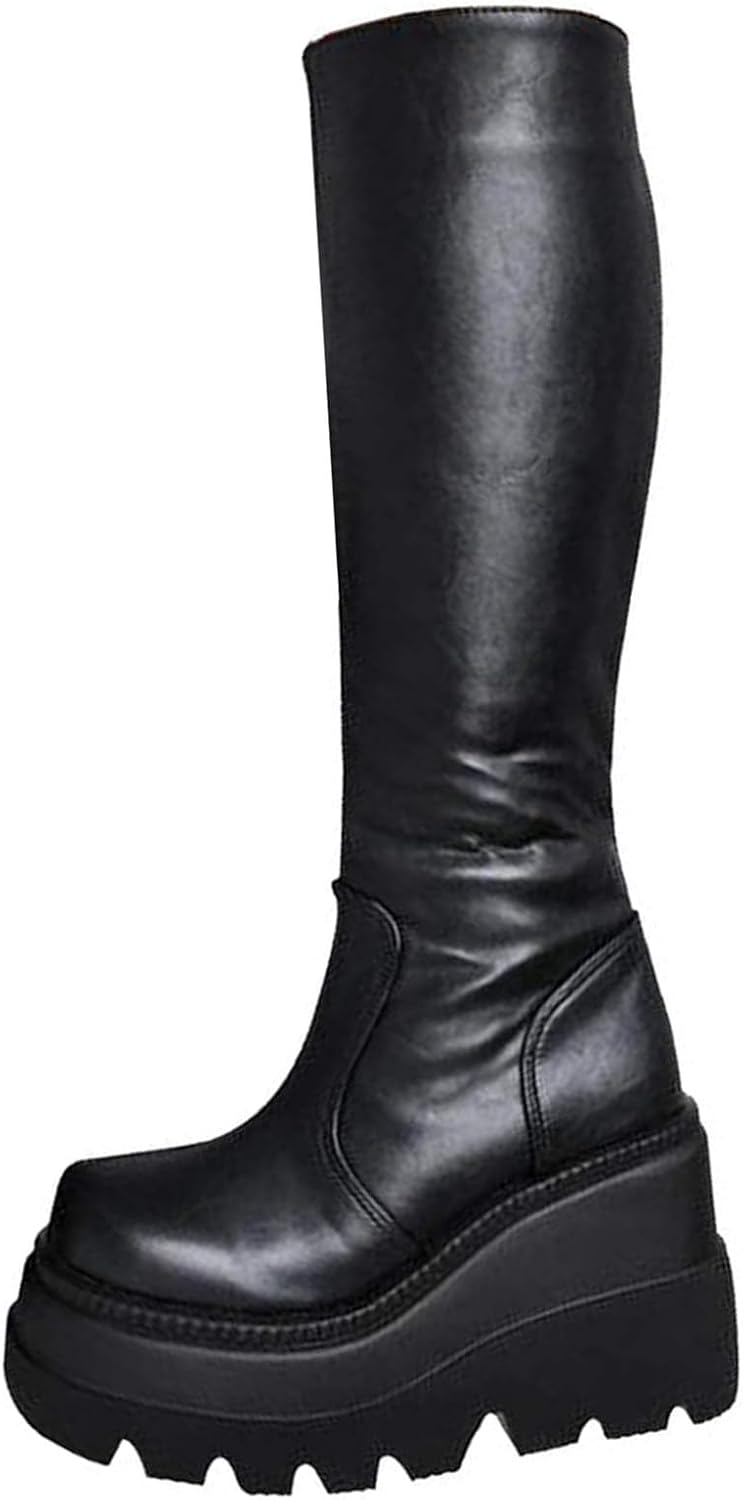 

Женские высокие ботинки до колена с массивной платформой, средней длины, панк-боевые готические ботинки с шнуровкой, эластичные мотоциклетные ботильоны с боковой молнией, легкая обувь на осень и зиму Canbebig, Multicolor 03