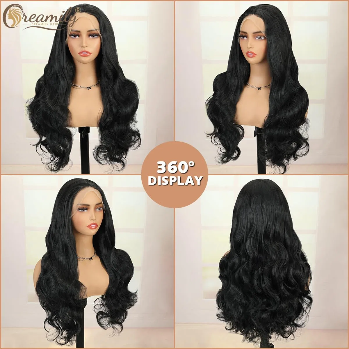 Длинный волнистый черный парик с кружевной передней частью 13x3 Creamily, Black Wavy — фото 3