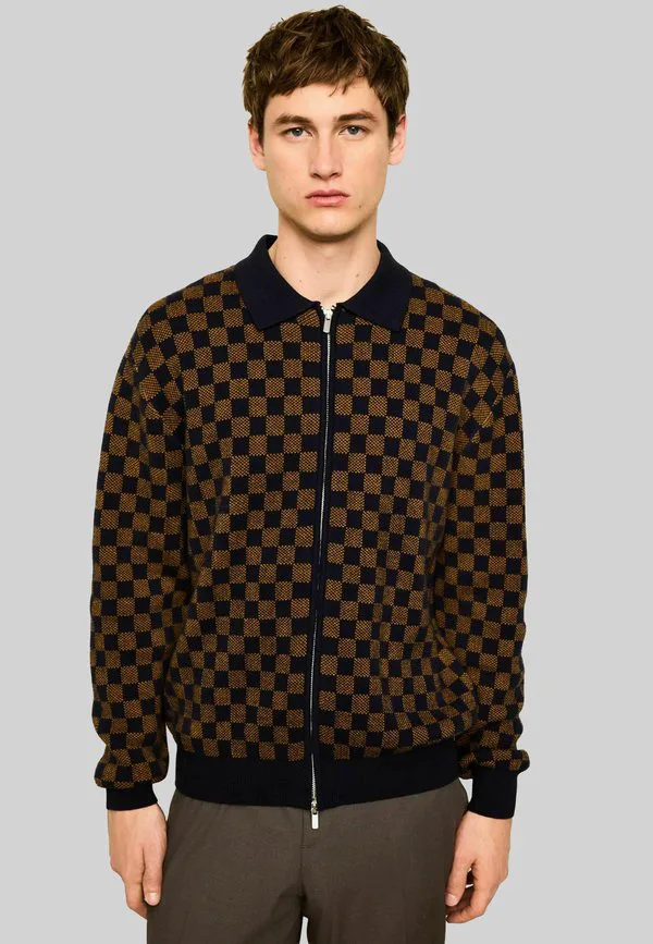 Кардиган с воротником и застежкой-молнией, с геометрическим узором. Next, Navy Blue Ochre Yellow