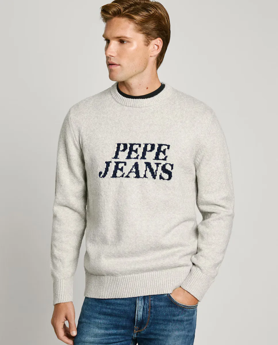 

Мужской свитер с круглым вырезом и вышитым логотипом Pepe Jeans, светло-серый