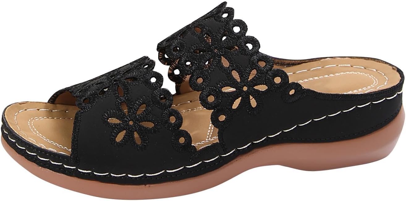 

Ортопедические сандалии ZWRXW для женщин с вырезами, ретро сандалии на клиновидной танкетке, летние слайд-сандалии, удобные элегантные повседневные пляжные тапочки с поддержкой свода стопы, черный