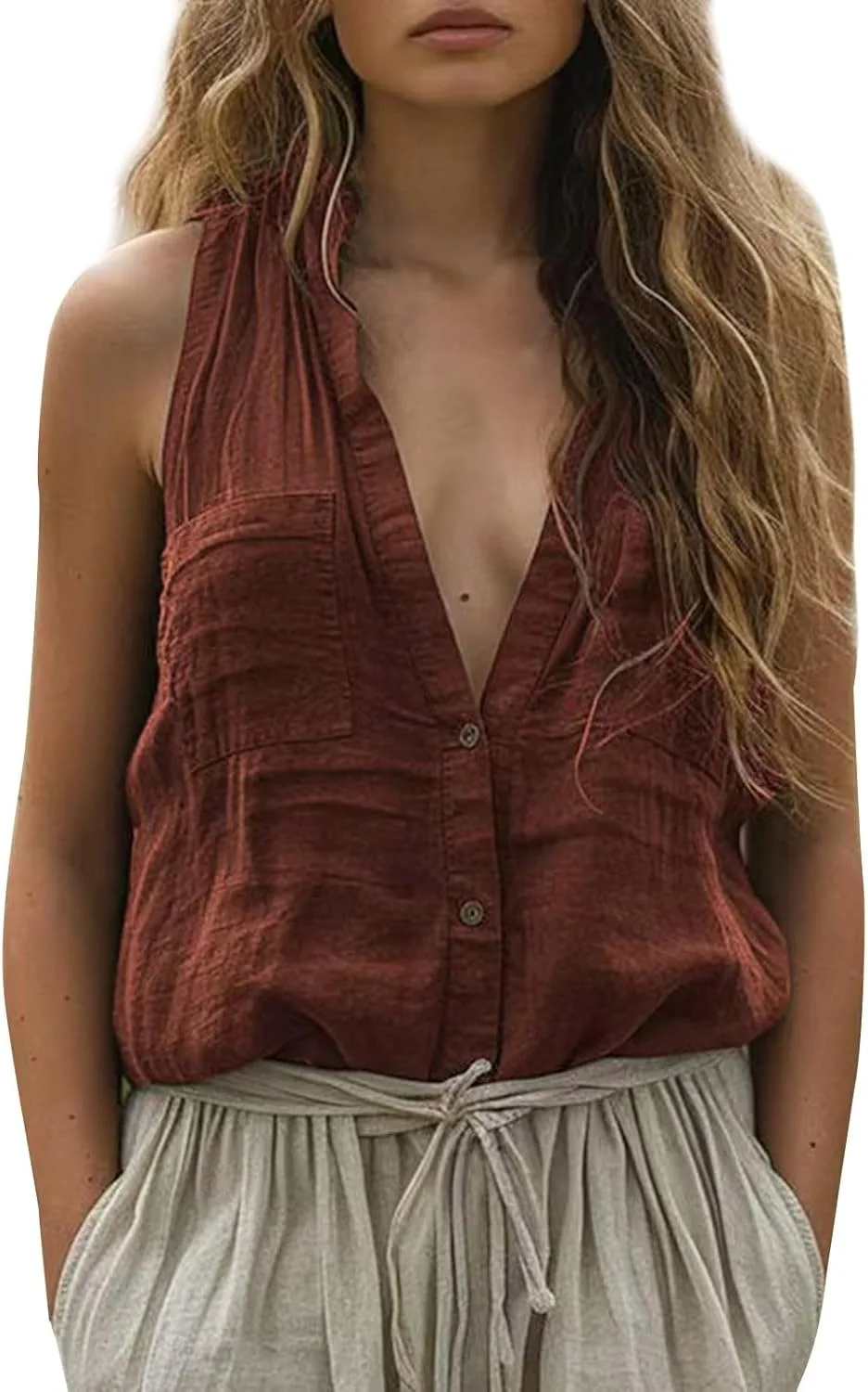 

GOKKILRW Женская льняная безрукавка с пуговицами и V-образным вырезом