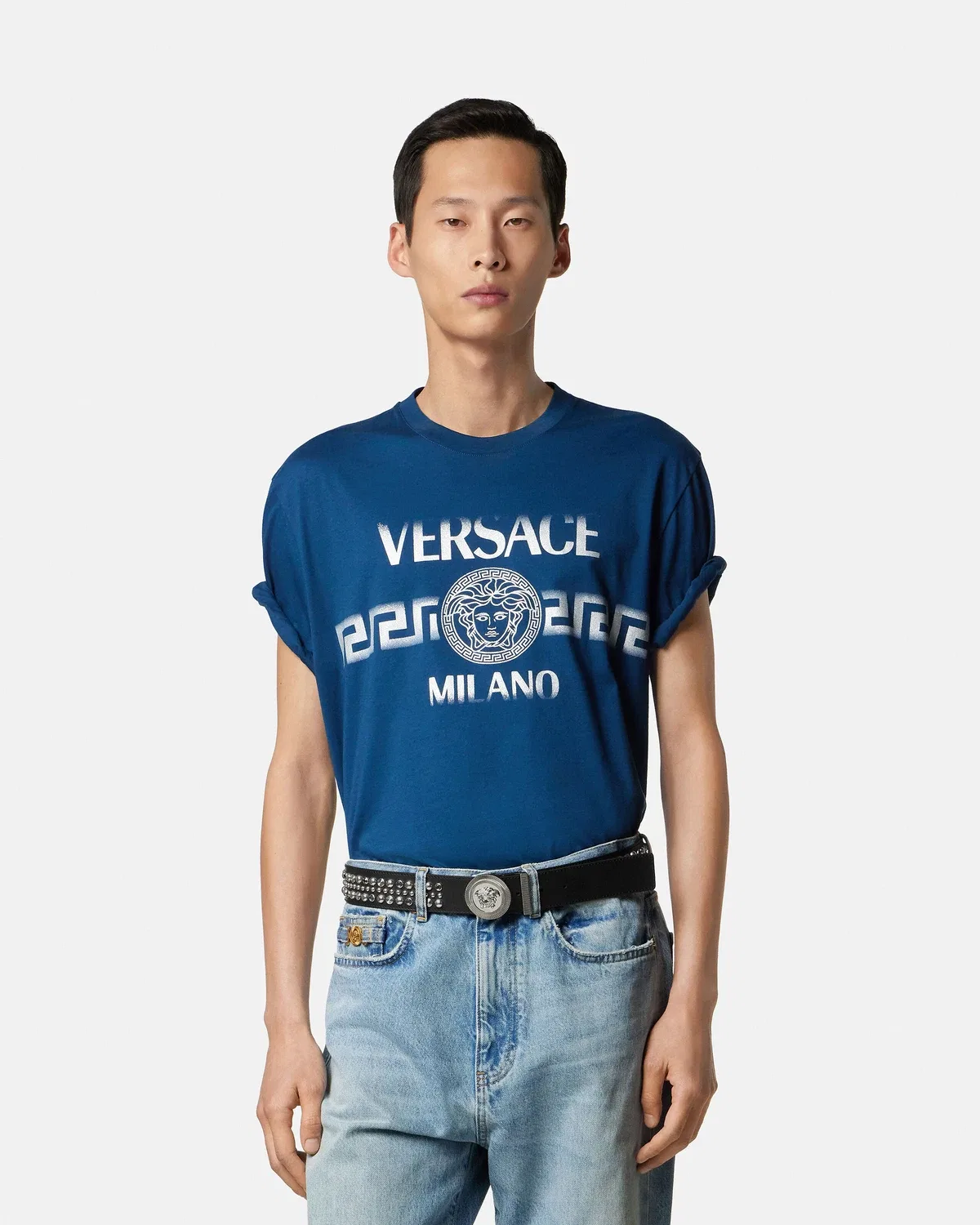 Регулярная футболка из хлопкового джерси с принтом VERSACE, синий — фото 2