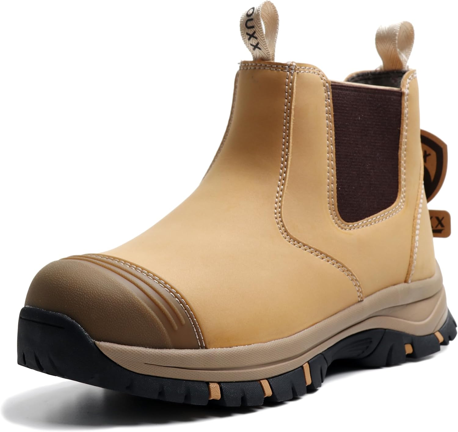 

Мужские ботинки OUXX Chelsea с защитным носком - ботинки без шнурков, водонепроницаемая кожа, противоскользящая подошва, промежуточная подошва из кевлара, устойчивая к проколам, соответствие стандарту ASTM F2413-18 EH, коричневый