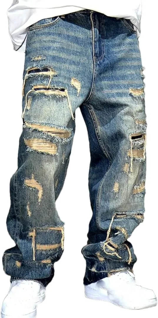 

Мужские рваные мешковатые прямые джинсы с пуговицами