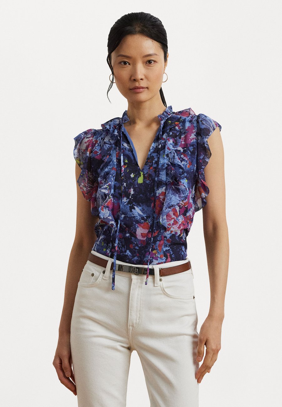 

Блуза Lauren Ralph Lauren Petite Print Ruffle Trim Georgette Blouse, Blue