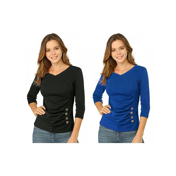 

2 упаковки женской блузы с декоративными пуговицами и v-образным вырезом Inspire Chic, Black Royal Blue