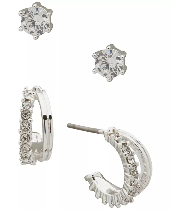 

Комплект из 2 серег круглой и багетной огранки с кубическим цирконием серебристого оттенка Anne Klein, crystal