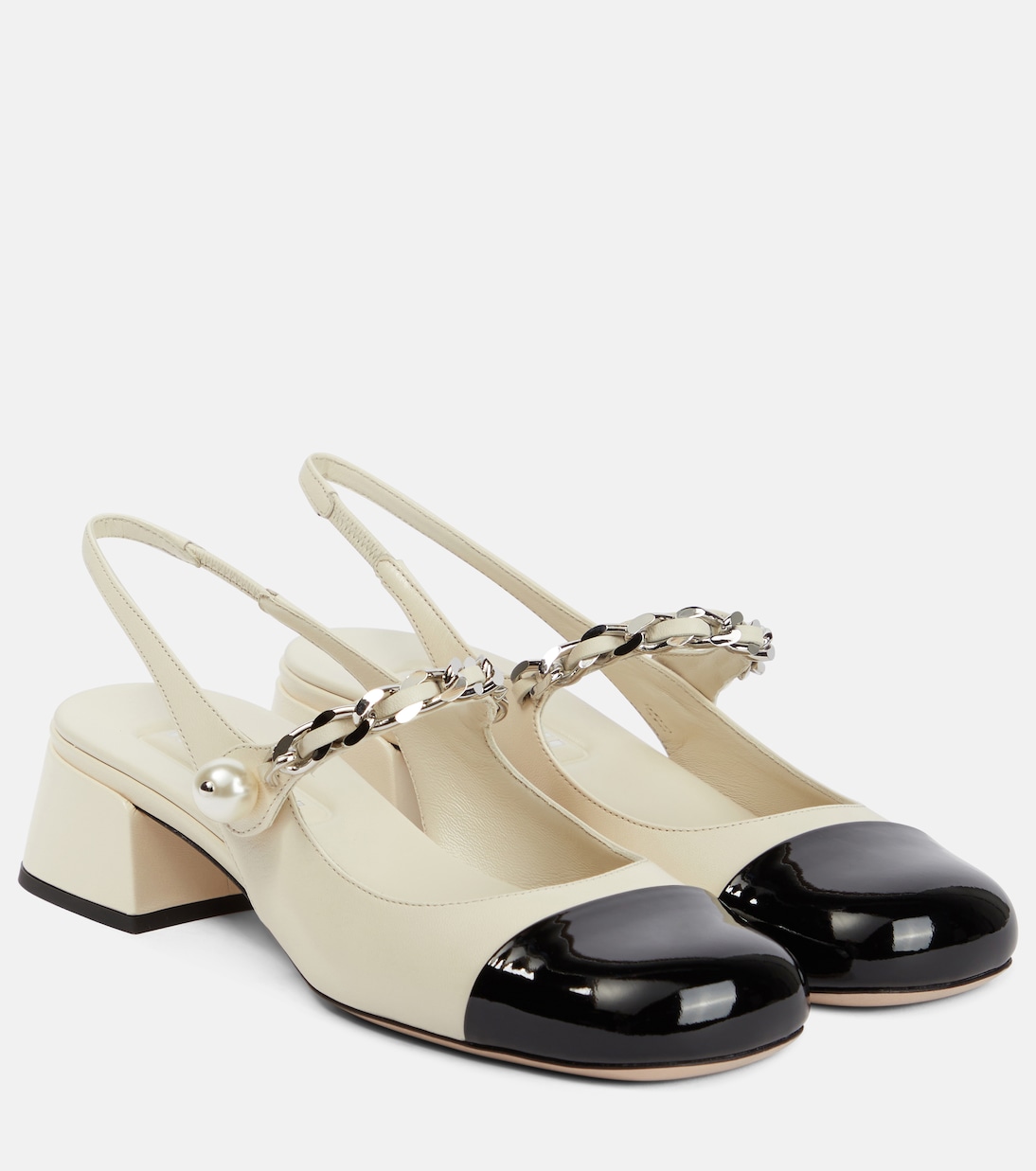 Босоножки-лодочки на шпильке с цепочками Miu Miu, Avorio+Nero
