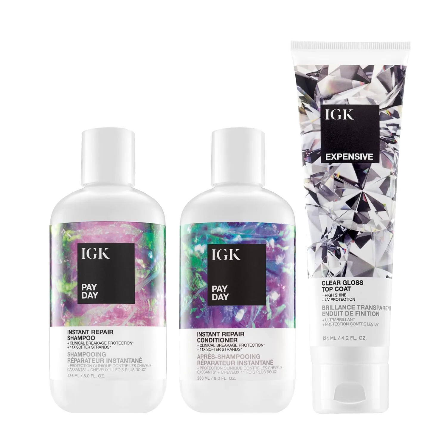 IGK Pay Day Instant Repair шампунь + кондиционер + Expensive Shine Gloss Treatment - набор для восстановления, увлажнения и блеска волос, Vegan & Cruelty-Free
