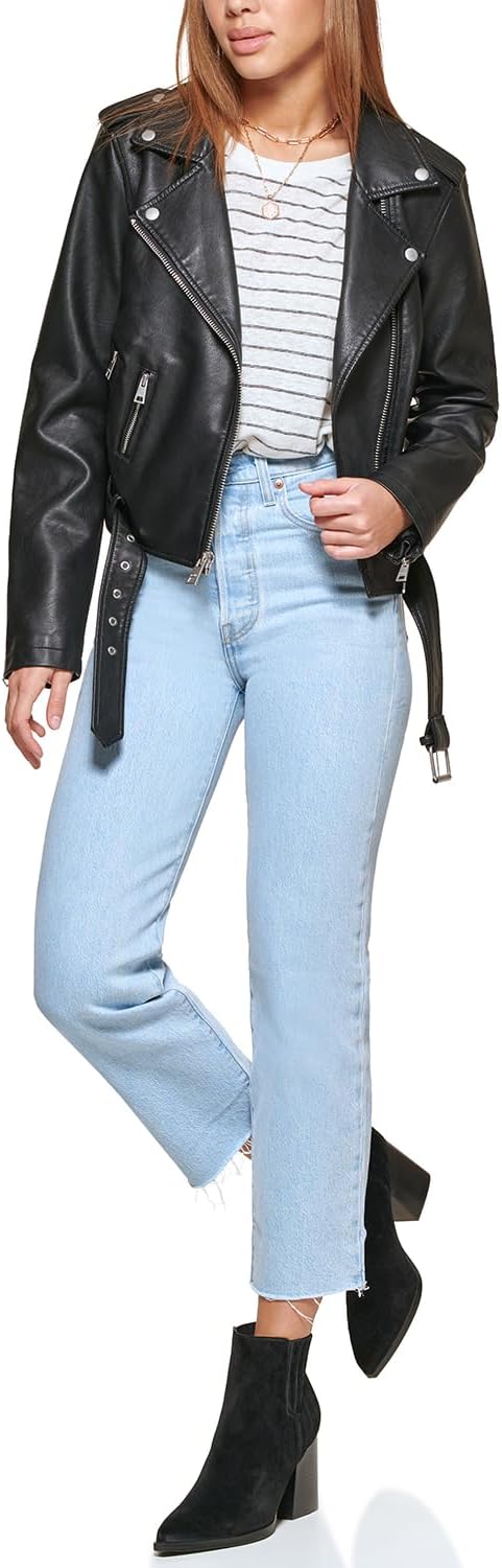 Женская байкерская куртка Levi's из искусственной кожи с поясом (стандартный и большой размер), Black — фото 2